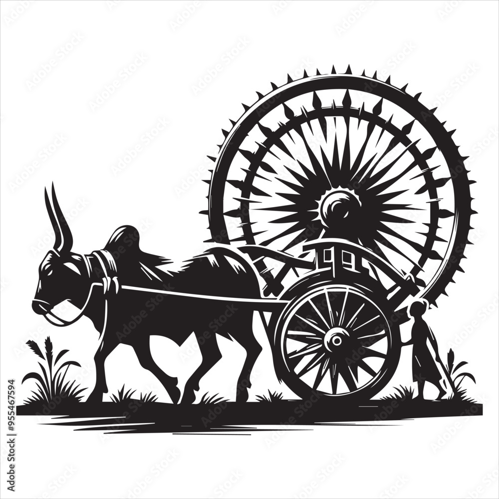 Fototapeta premium bullock cart wheel silhouette vector With White Background 