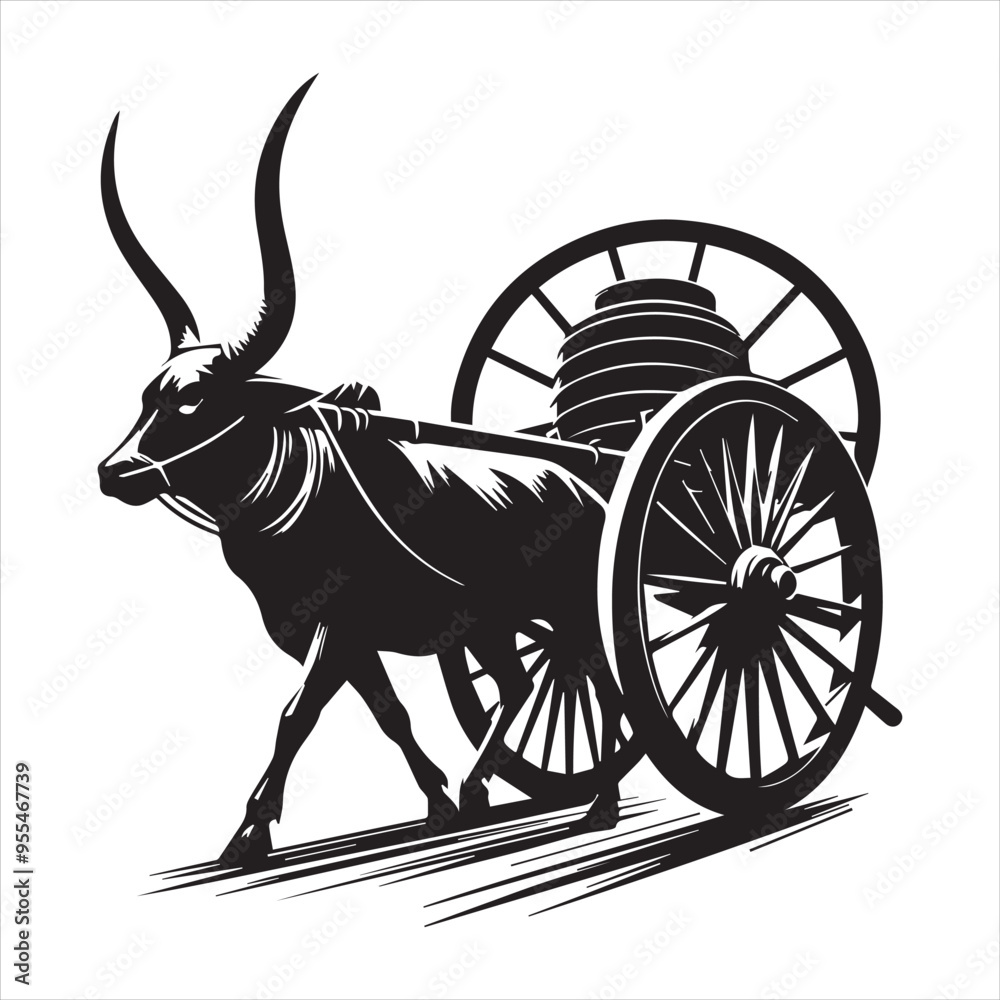 Fototapeta premium bullock cart wheel silhouette vector With White Background 
