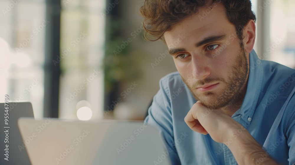 Fototapeta premium Young focused mixed-race entrepreneur working solo on a laptop at a desk while a Hispanic supervisor checks and sends emails on his laptop