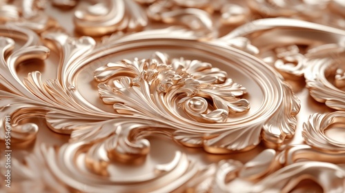 Ornate rose gold design with Rococo-inspired patterns, elaborate curves and flourishes for a luxurious and grand look