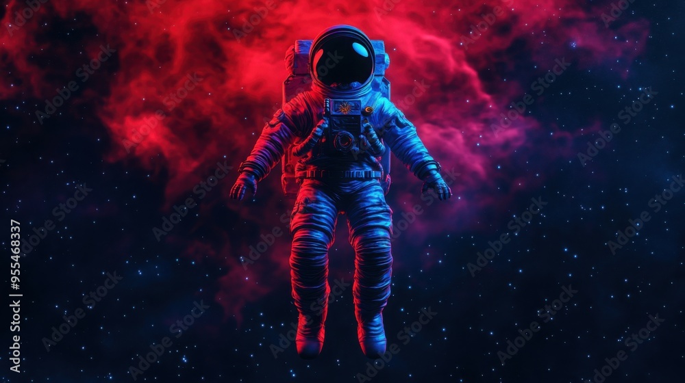 Fototapeta premium Spacesuit with Halloween decorations, floating in a dark galaxy, 3D illustration