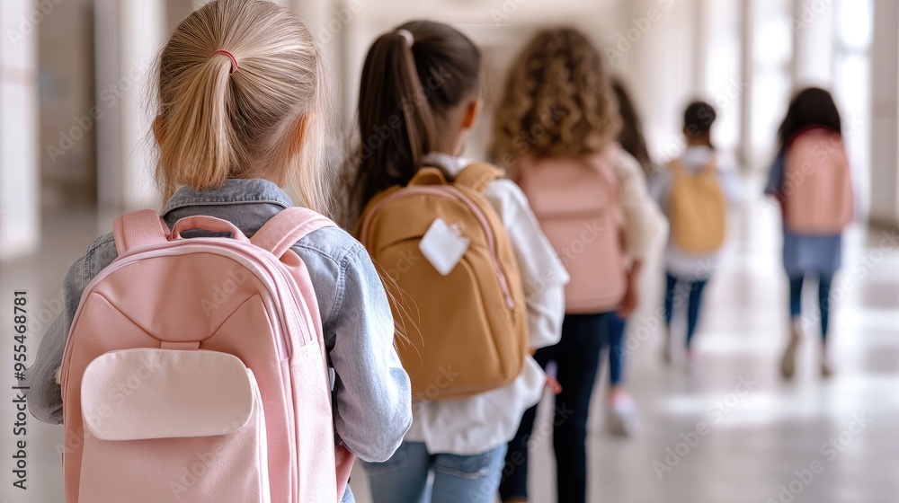 group of children walking through a school hallway, carrying new backpacks and chatting about their first day back to school group of children walking through a school hallway, carrying new backpacks and chatting about their first day back to school