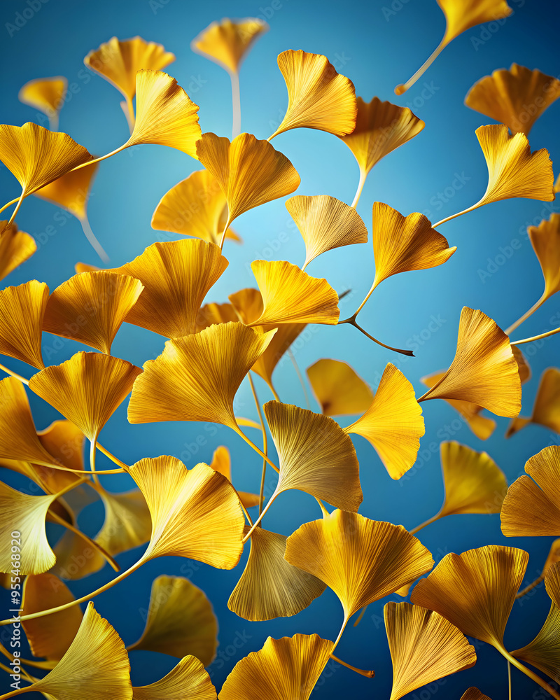 Ginkgo Leaves Dance: A symphony of golden ginkgo leaves gracefully twirls against a vibrant blue backdrop, evoking a sense of tranquility and nature's delicate beauty. Ginkgo Leaves Dance: A symphony of golden ginkgo leaves gracefully twirls against a vibrant blue backdrop, evoking a sense of tranquility and nature's delicate beauty.
