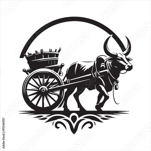 bullock cart wheel silhouette vector With White Background 