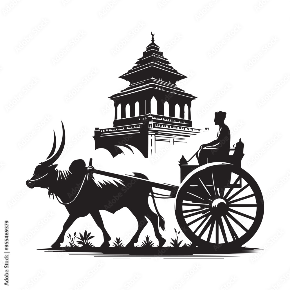 Fototapeta premium bullock cart wheel silhouette vector With White Background 