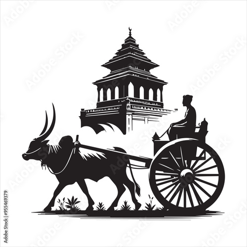 bullock cart wheel silhouette vector With White Background 