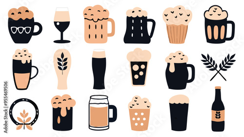 Set of  Lager beer glass alcoholic beverages vector celebration including beer mugs, beer bottle, foam