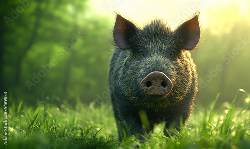 A wild boar stands in a field of tall grass, looking directly at the camera. photo