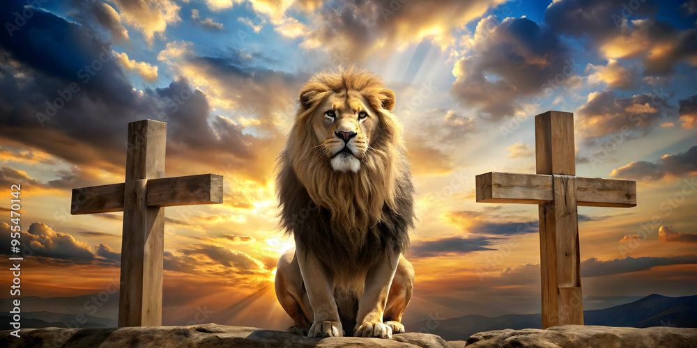 Fototapeta premium Lion King at Sunset: A majestic lion stands tall and proud amidst a breathtaking sunset, symbolizing strength, courage, and leadership. Two lionesses flank him, creating a powerful image of unity