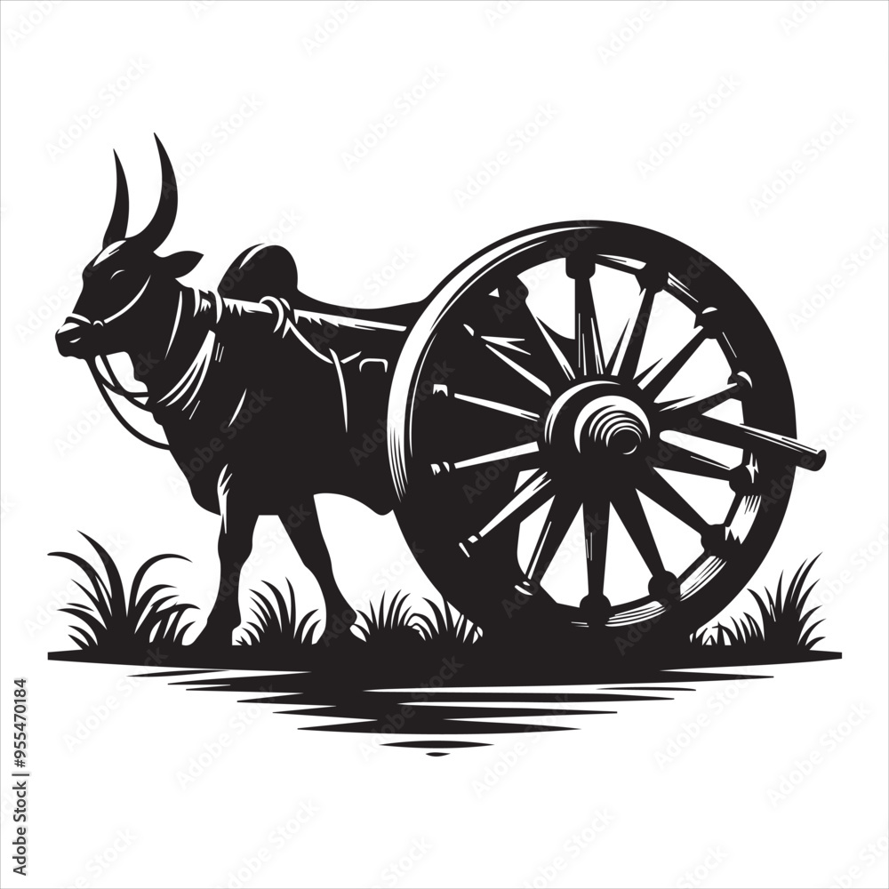 Fototapeta premium bullock cart wheel silhouette vector With White Background 