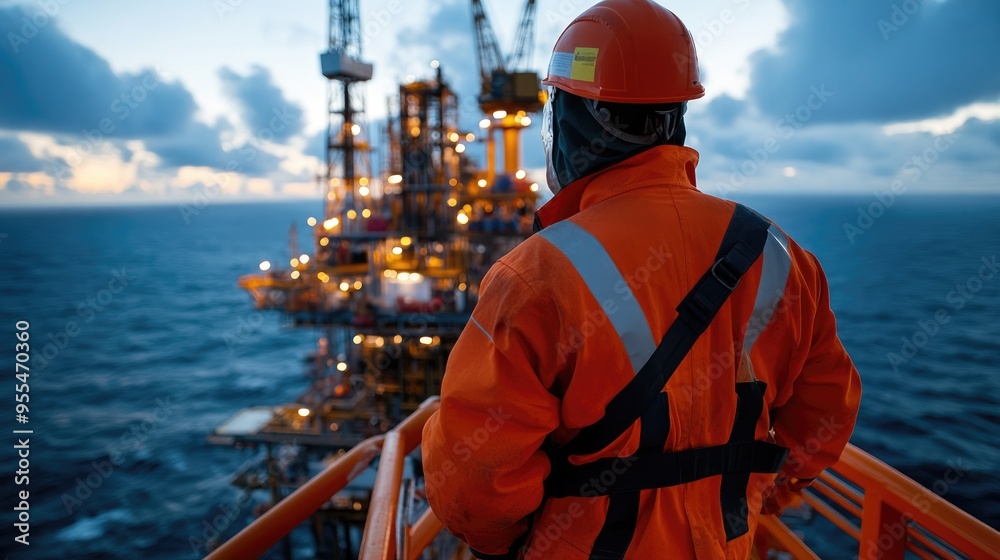 Worker in full safety gear inspecting a drilling rig Worker in full safety gear inspecting a drilling rig