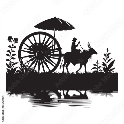 bullock cart wheel silhouette vector With White Background 