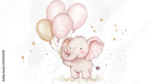 Watercolor birth card with a cute elephant holding balloons, in pastel pink with golden glitter.