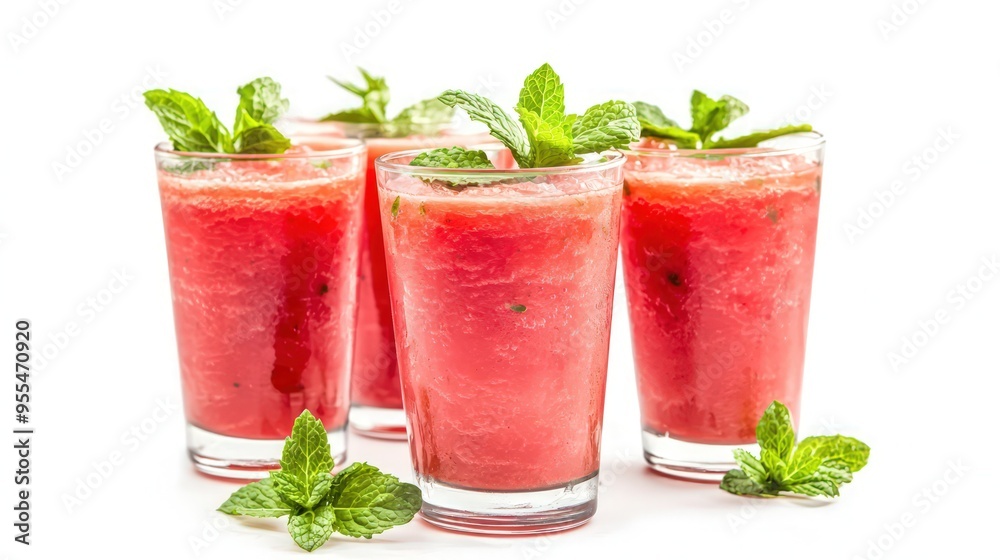 Watermelon Smoothie Refreshment: Chilled glasses with fresh mint, isolated on white. Watermelon Smoothie Refreshment: Chilled glasses with fresh mint, isolated on white.