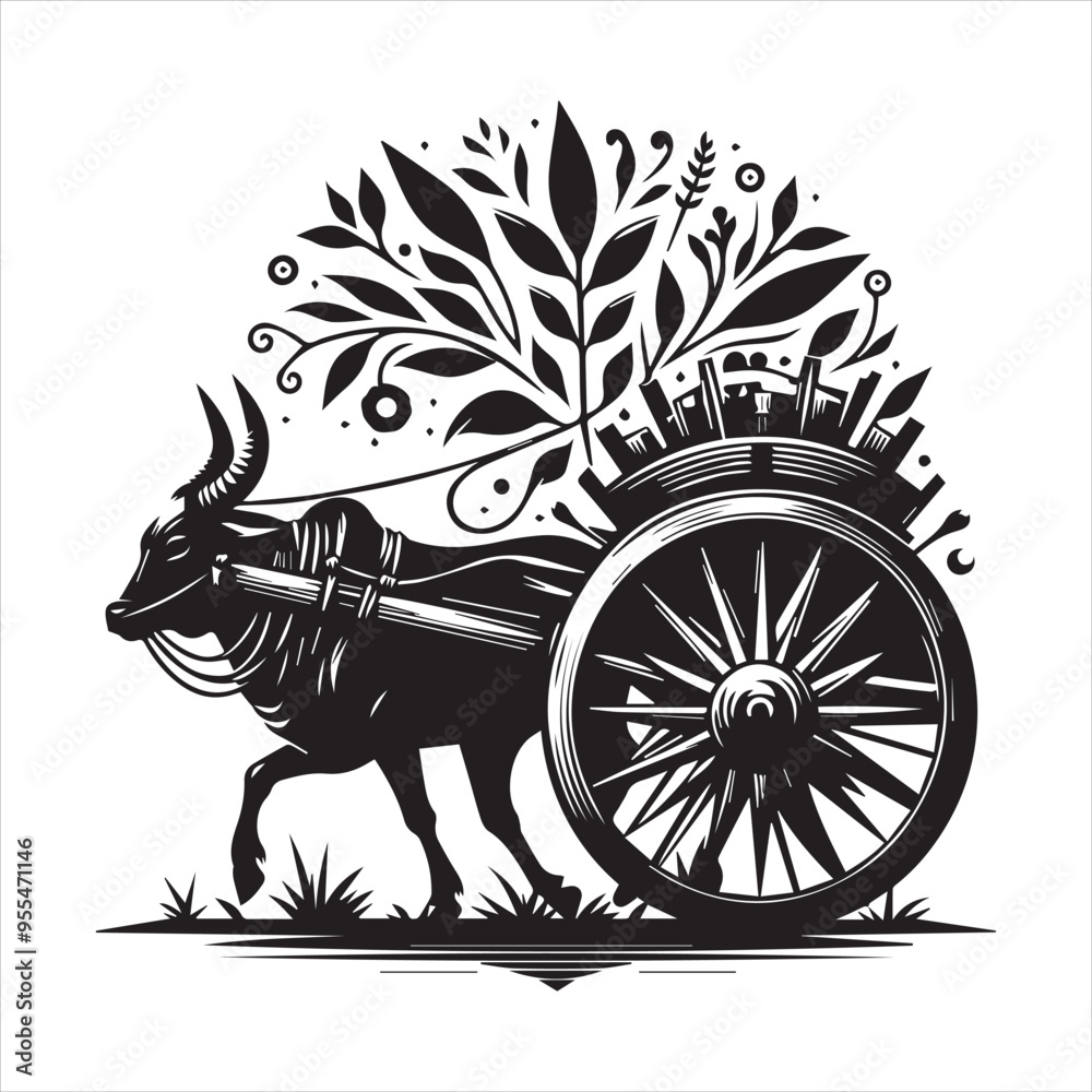 Fototapeta premium bullock cart wheel silhouette vector With White Background 
