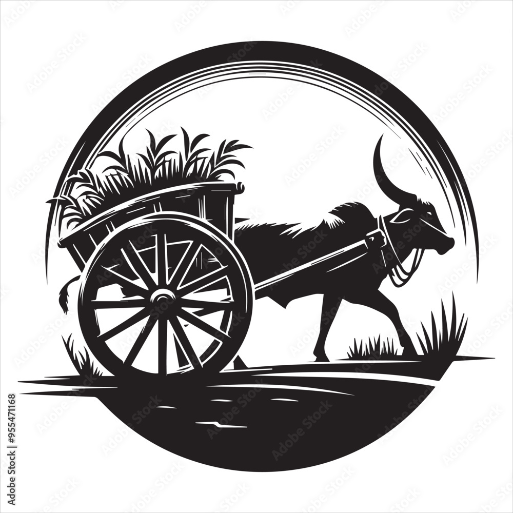 Fototapeta premium bullock cart wheel silhouette vector With White Background 