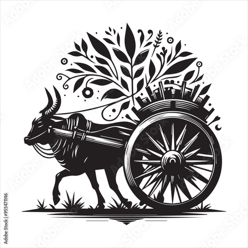 bullock cart wheel silhouette vector With White Background 