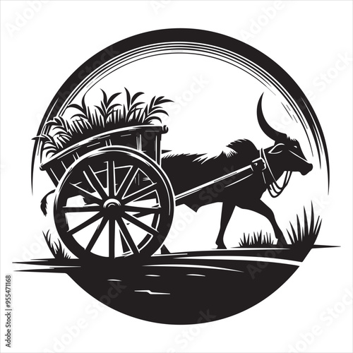 bullock cart wheel silhouette vector With White Background 