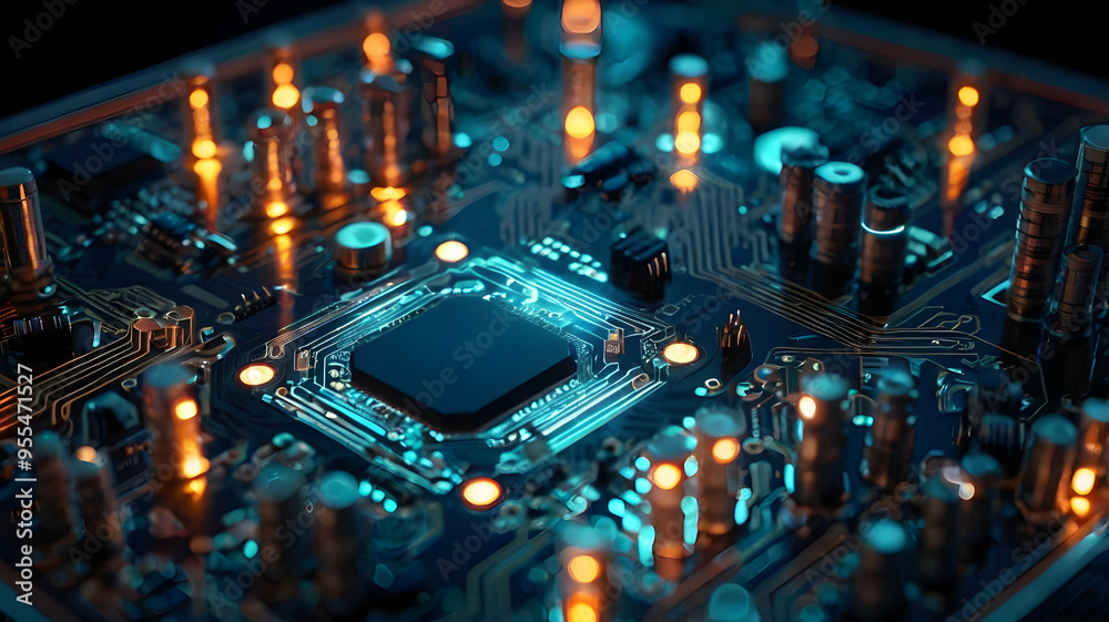 Fototapeta premium Digital Brain: Glowing Circuitry - A close-up of a motherboard, its CPU illuminated, symbolizing the power and complexity of modern technology. 