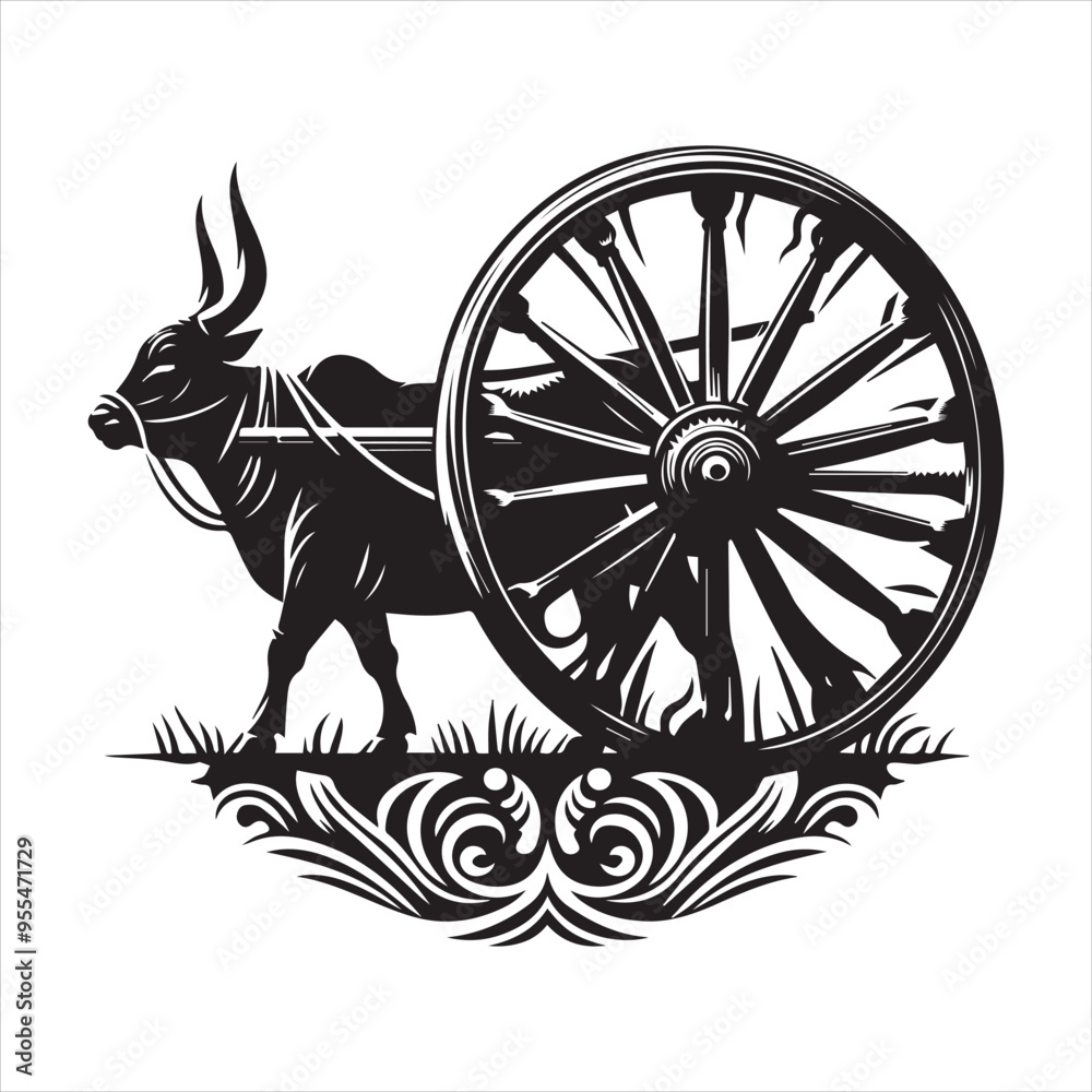 Fototapeta premium bullock cart wheel silhouette vector With White Background