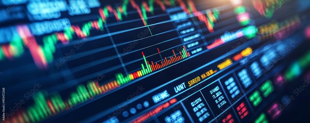 A Close-Up View of a Stock Market Data Display with Fluctuating Prices and Charts, Stock Market, Financial Data, Investment, ,