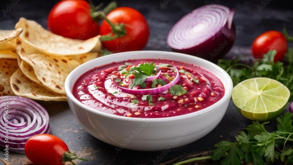 Refreshing sauce with red onion or salsa is served in stylish dishes, surrounded by fresh vegetables and chips, on a bright attractive background that provides space for text. Refreshing sauce with red onion or salsa is served in stylish dishes, surrounded by fresh vegetables and chips, on a bright attractive background that provides space for text.