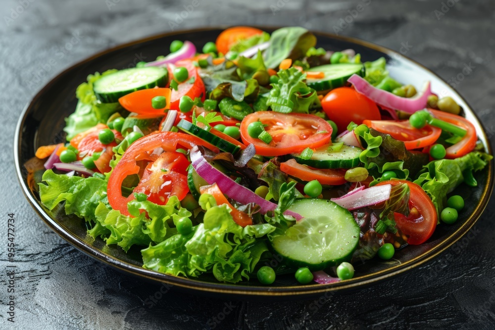 A vibrant vegetable salad featuring fresh tomatoes, cucumbers, red onions, lettuce, and peas, beautifully presented in a black bowl, perfect for a healthy meal. A vibrant vegetable salad featuring fresh tomatoes, cucumbers, red onions, lettuce, and peas, beautifully presented in a black bowl, perfect for a healthy meal.