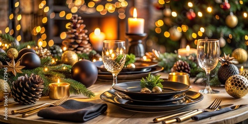 Festive Christmas Table Setting with Black and Gold Decor, Christmas , Festive , Table Setting , Decor