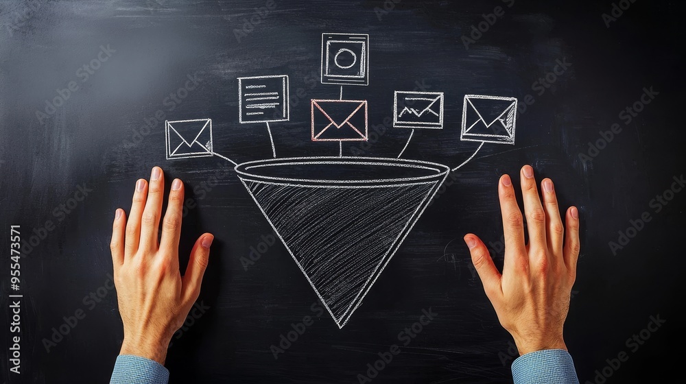 Naklejka premium Chalkboard Funnel Concept with Hands, Marketing , Sales , Funnel