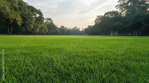 The gentle morning light bathes the green grass field in Vachirabenjatas Park, Bangkok, creating a peaceful nature landscape. photo