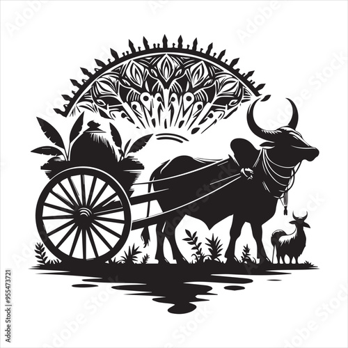 bullock cart wheel silhouette vector With White Background 