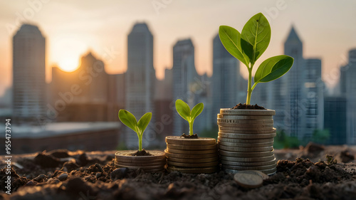 Financial Growth Sprouts: Stacks of gold coins nurturing thriving green shoots against a vibrant city skyline at sunrise, symbolizing prosperity, investment, and economic growth.  photo