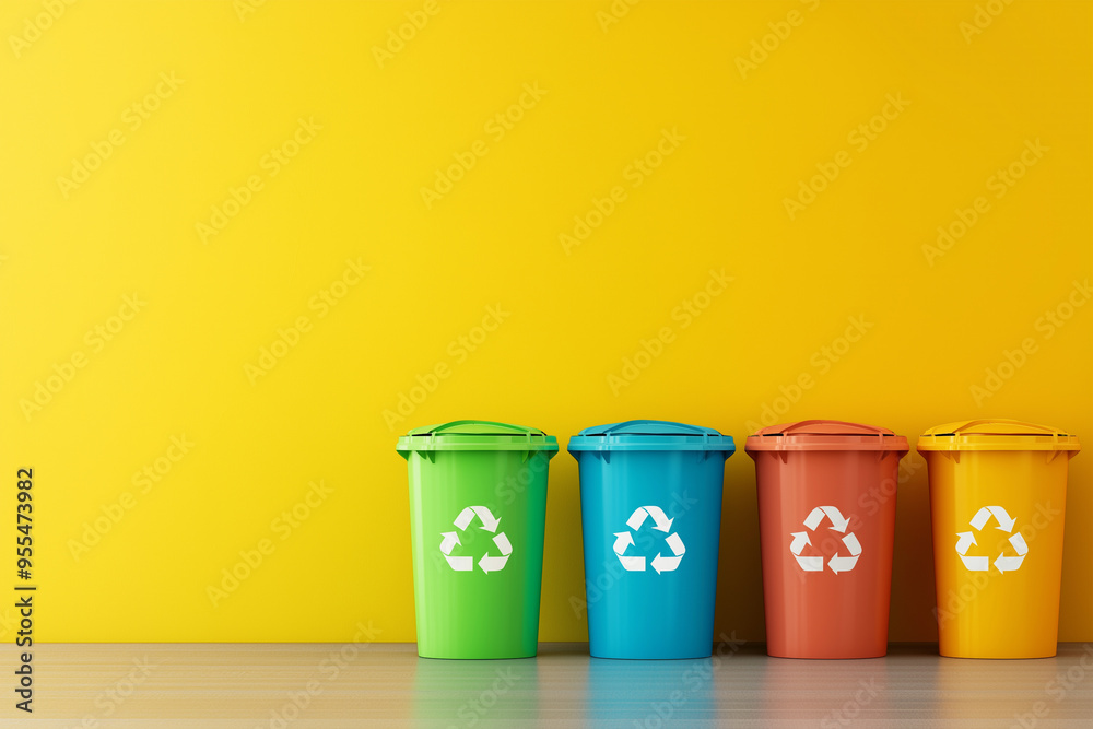various recycling bins on yellow color background various recycling bins on yellow color background