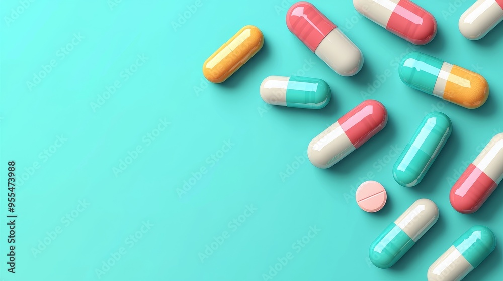 Colorful Pills on Turquoise Background, 3D Rendering, Medication, Healthcare, Pharmacy, Pill, Capsule Colorful Pills on Turquoise Background, 3D Rendering, Medication, Healthcare, Pharmacy, Pill, Capsule