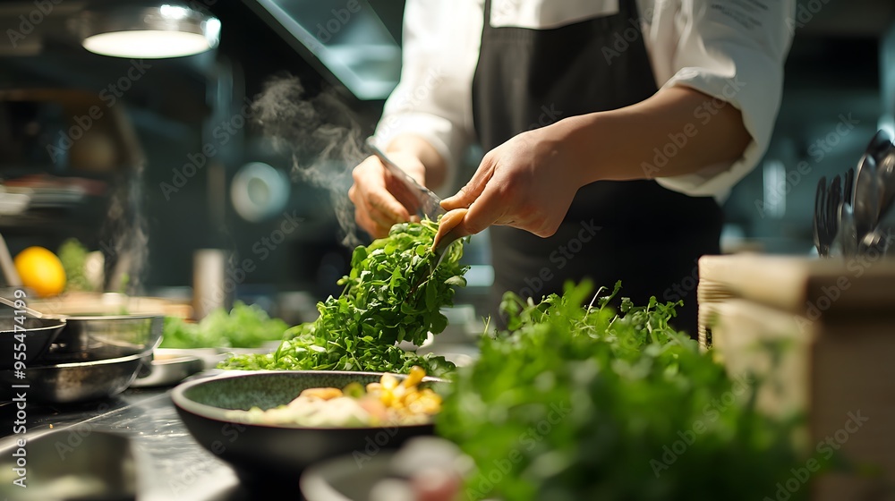 A chef preparing a dish with fresh, homegrown ingredients in a restaurant kitchen A chef preparing a dish with fresh, homegrown ingredients in a restaurant kitchen