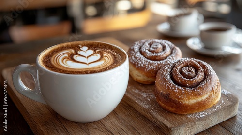 Closeup of a latte with a leaf design and two cinnamon rolls on a rustic wooden board