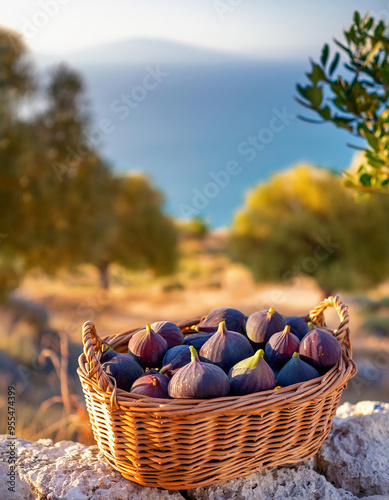 Ripe purple figs in a wicker basket in the fig garden facing the Aegean Sea. Datça, Turkiye photo