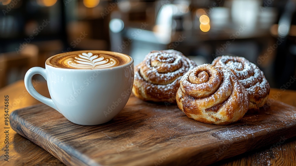 Coffee Break Closeup of a latte and cinnamon rolls on a wooden board with a blurry cafe background Coffee Break Closeup of a latte and cinnamon rolls on a wooden board with a blurry cafe background
