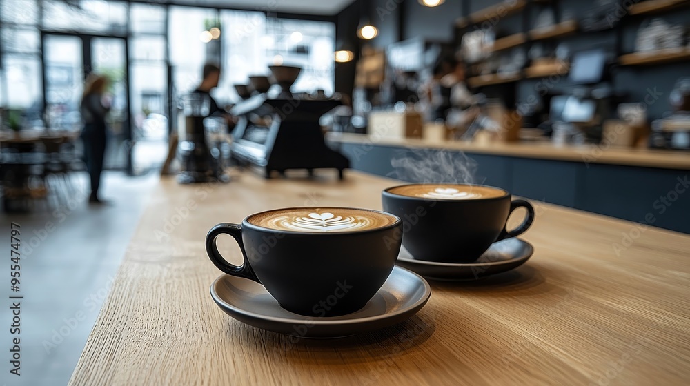 Fototapeta premium Coffee Shop Focus Two Steaming Lattes on a Wooden Counter Blurred Cafe Background
