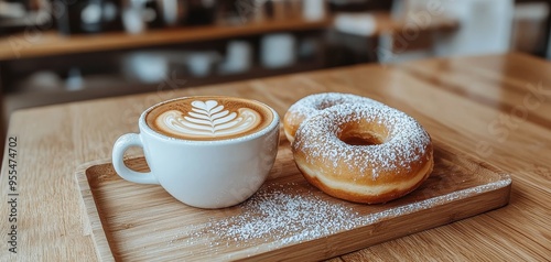 Coffee Doughnuts A Warm Wooden Tray with Creamy Latte Powdered Sugar Donuts