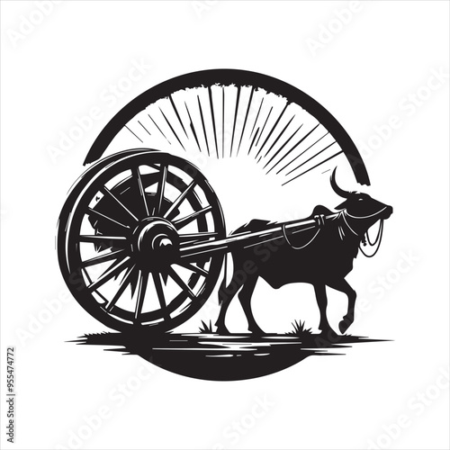 bullock cart wheel silhouette vector With White Background 