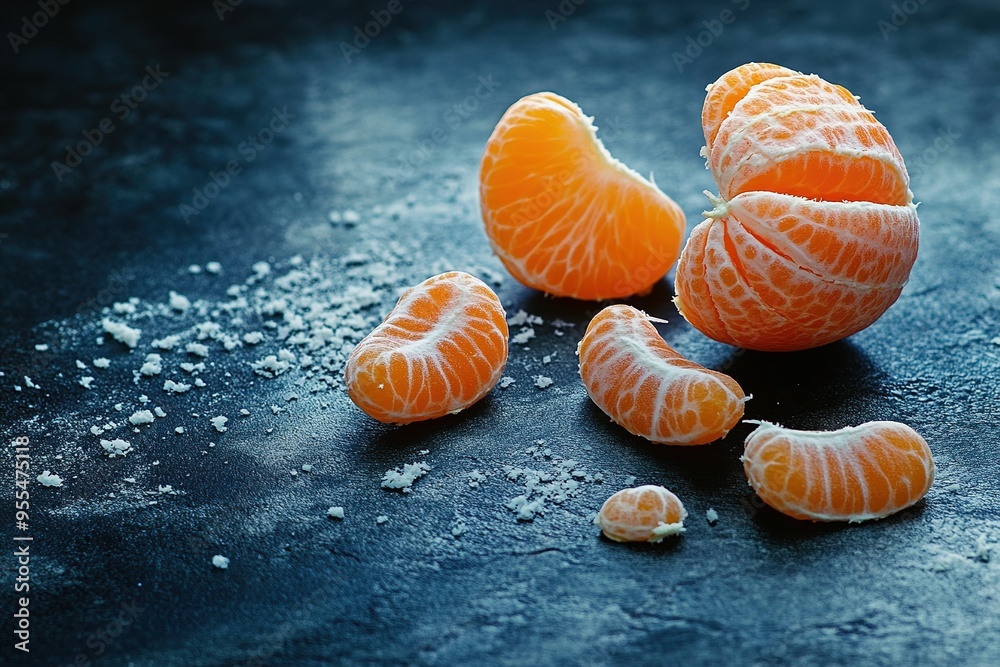 Fresh peeled tangerine segments on dark surface Fresh peeled tangerine segments on dark surface