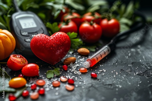 A close-up shot of a heart-shaped container filled with red heart-shaped pills surrounded by a variety of colorful capsules and tablets, symbolizing healthcare and medicine.