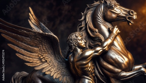 stylized fantastic old bronze statue of perseus and pegasus. legendary winged horse of Greek mythology. photo