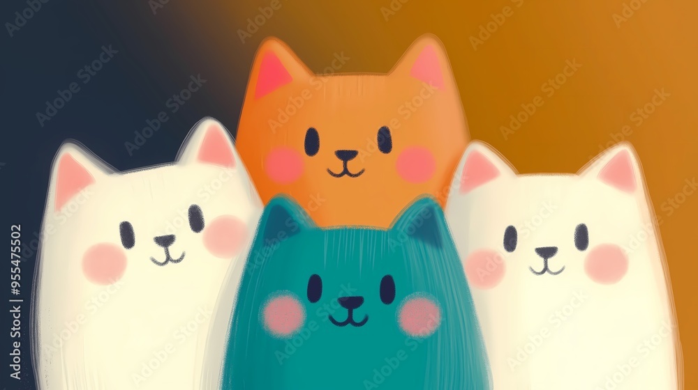 Obraz premium A bright-colored cartoon cat wallpaper featuring an arrangement of several cute cats in an isolated color background illustration.