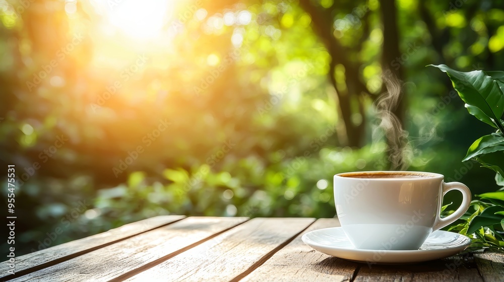 Morning Coffee on a Wooden Table with Sunlit Green Blurred Background