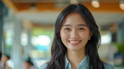 Wallpaper Mural Portrait of a confident and cheerful businesswoman, showcasing ambition and visionary thinking in an office setting, focused on goals and innovative strategies for her startup Torontodigital.ca