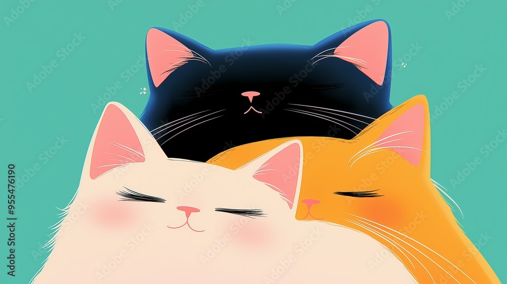 Obraz premium A bright-colored cartoon cat wallpaper featuring an arrangement of several cute cats in an isolated color background illustration.