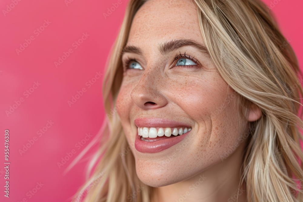 Woman gesturing on a pink backdrop, showcasing promotional opportunities. Cheerful model representing marketing and advertising concepts, featuring product placement and announcements Woman gesturing on a pink backdrop, showcasing promotional opportunities. Cheerful model representing marketing and advertising concepts, featuring product placement and announcements