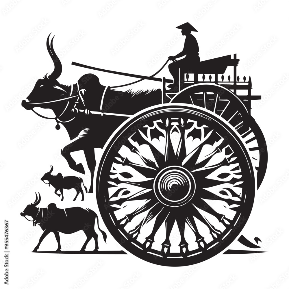 Fototapeta premium bullock cart wheel silhouette vector With White Background 